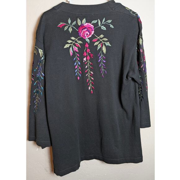 Linea Louis Dell' Olio Black Cardigan Sweater Medium Floral Embroidery Pockets - Picture 4 of 5